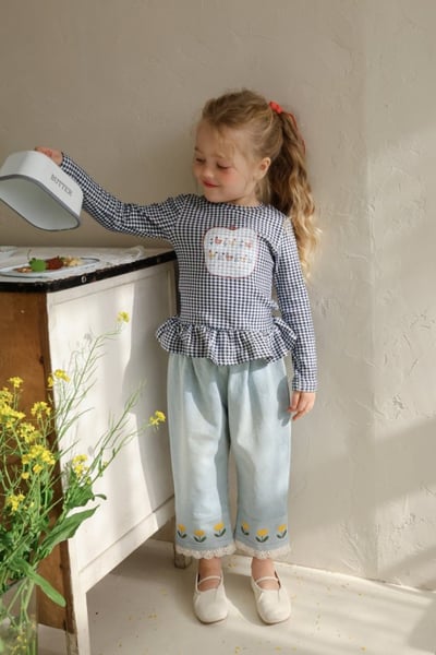 FLO46｜(75-140) 3色格紋蘋果花布荷葉邊上衣11