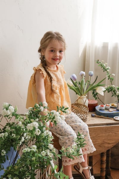 FLO18｜(75-140) 碎花蕾絲邊長褲7