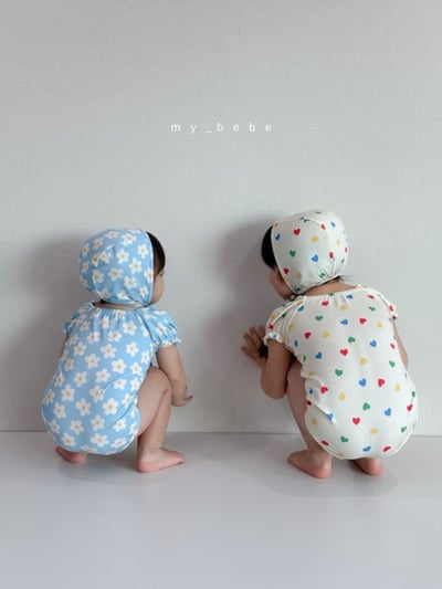 my_bebe02｜(75-105cm) 抓皺小花愛心泳衣含泳帽12