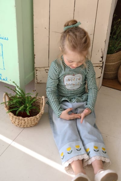 FLO46｜(75-140) 3色格紋蘋果花布荷葉邊上衣6