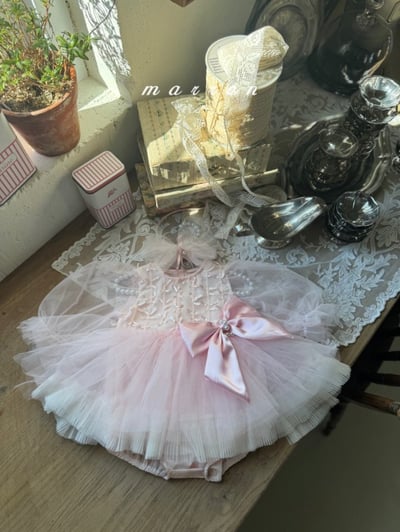 Marron57｜(3m-18m) 絲帶薄紗澎澎洋裝包屁衣5