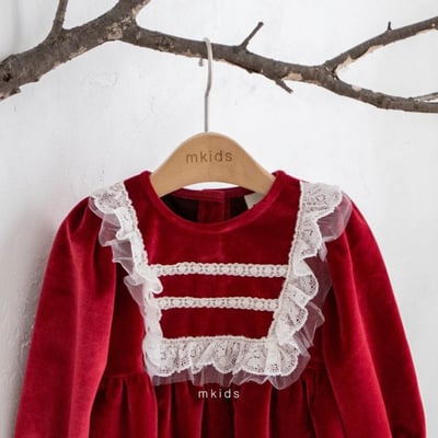 M-KIDS37｜(65-115cm) 2色法式絨面蕾絲洋裝4