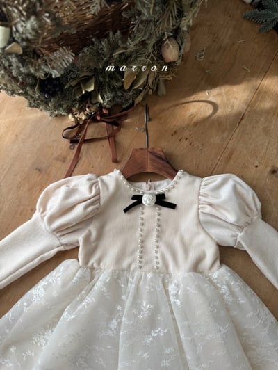 Marron 59｜(3m-18m) 宮廷袖珍珠蕾絲薄紗包屁衣4