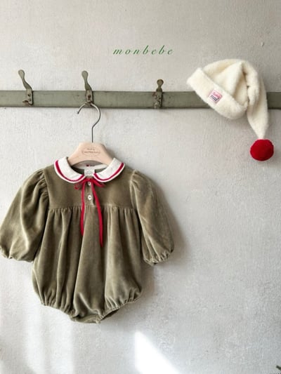 MONBEBE37｜(3m-24m) 墨綠滾邊綁帶包屁衣1