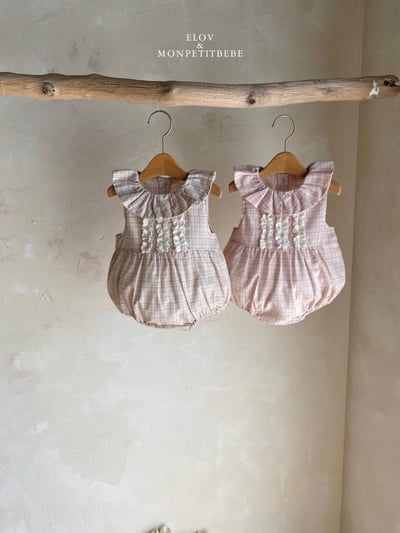 Mon petit09｜(66-90cm) 法式格紋蕾絲花邊包屁衣1