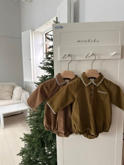 MONBEBE03｜(3m-24m) 冬季縫線滾邊有領包屁衣4