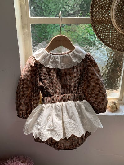 JE628｜(73cm-100cm) 格紋玫瑰花蕾絲包屁衣7