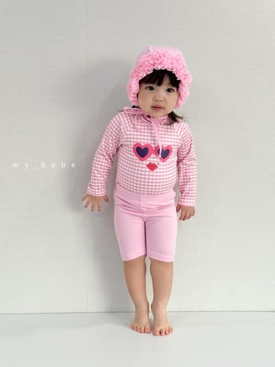 my_bebe05｜(75-105cm) 格紋長袖泳衣/花邊泳帽5