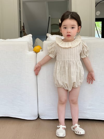 JE31｜(66-120cm) 荷葉領條紋包屁衣/洋裝1