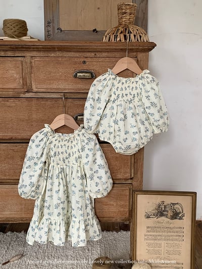 JE569｜(66-120cm) 抓皺碎花公主袖包屁衣/洋裝1