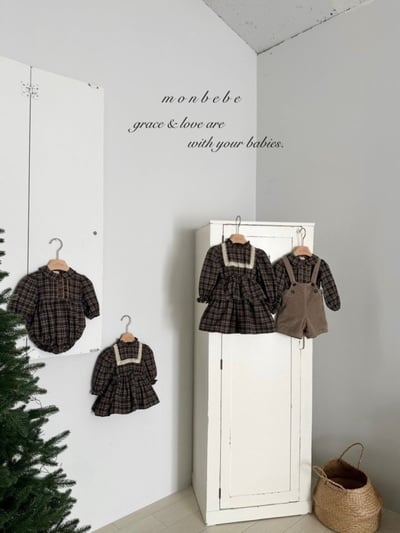 MONBEBE27｜(3m-24m) 格紋荷葉立領洋裝包屁衣7