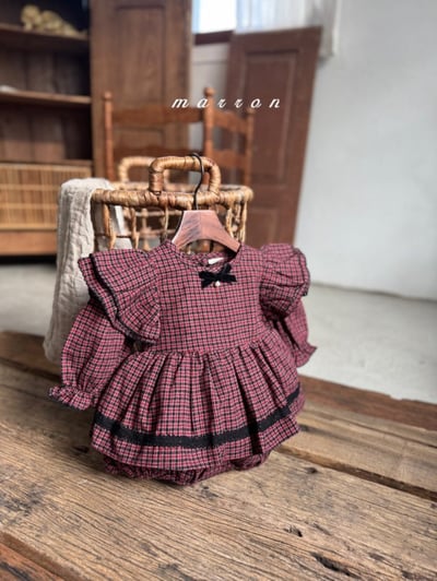 Marron 40｜(3m-18m) 法式荷葉袖格紋層次裙包屁衣11