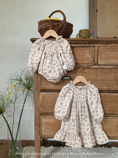 JE569｜(66-120cm) 抓皺碎花公主袖包屁衣/洋裝2