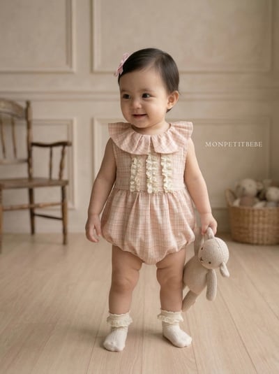 Mon petit09｜(66-90cm) 法式格紋蕾絲花邊包屁衣6