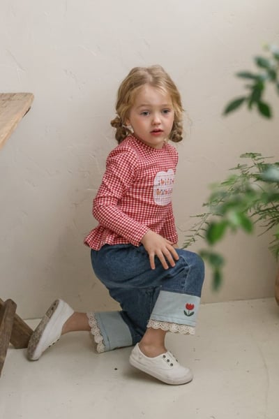 FLO46｜(75-140) 3色格紋蘋果花布荷葉邊上衣16