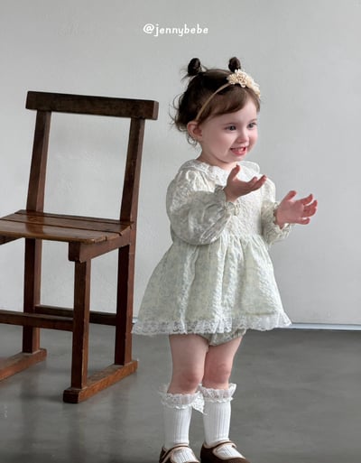 JE727｜(66-90cm) 翠綠碎花蕾絲洋裝包屁衣6