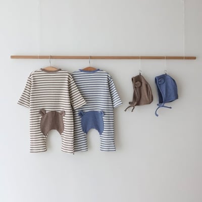 LEMONADE06｜(55cm-85cm) 2色小熊條紋包屁連身衣含帽子1