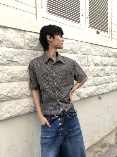 夏季王者 格紋短版 雙口袋 人生襯衫 短袖 - 3C12
