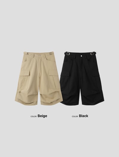 現代首爾 立體抓皺 斜線工裝 7分 短褲 - 2C22