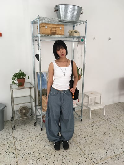 歐美經典 街頭工裝 細條紋 貼布 薄寬褲 - 2C9