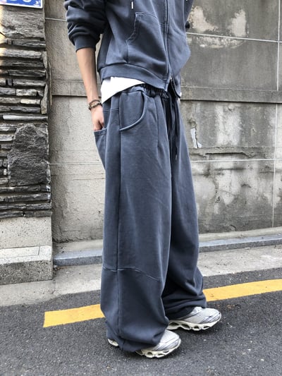 復古經典 做舊刷色 運動套裝 寬版 棉長褲 - 2C9