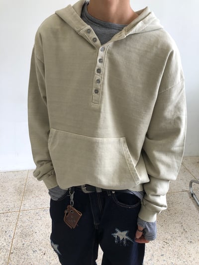 復古街頭 重磅 復古水洗 亨利領 帽T - 3C17