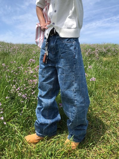 Baggy 牛津街頭 水波格紋 牛仔寬褲 - 1C11