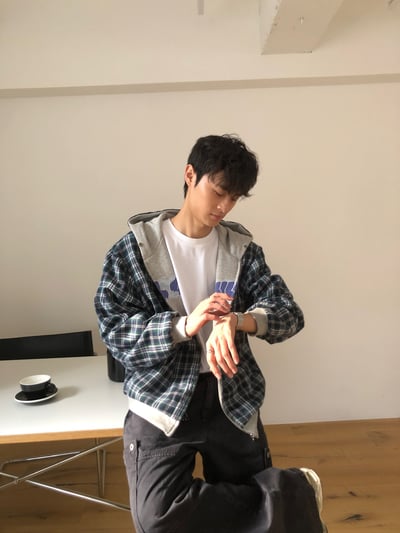 美式潑漆感 復古格紋 雙面連帽外套 - 2C17