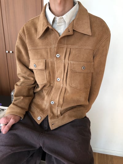 歐美經典款 美拉德 麂皮 微短版 皮夾克 - 4C1