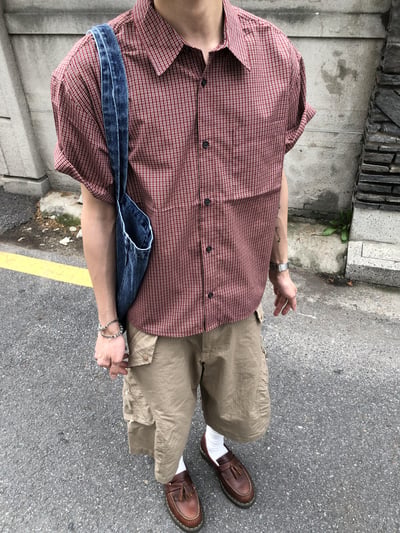 日系復古風 格紋設計 修身短版 短袖 襯衫 - 5C3