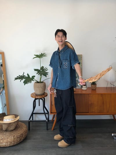 倫敦之眼 三層抓皺 短縫線 原牛 微寬褲 - 1C2