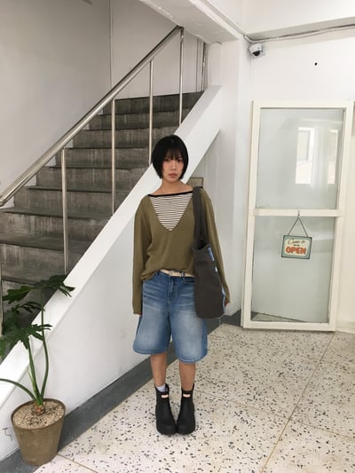 韓女基本款 大口袋 牛仔 6分短褲 - 2C4
