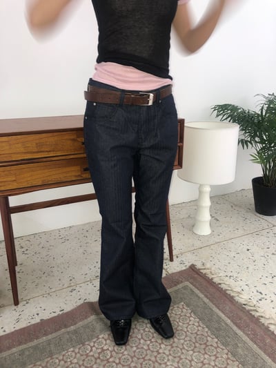 韓女必備 超級修身 細條紋 微喇叭原牛褲 - 3C6