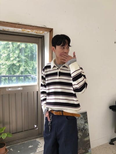 秋冬高檔 撞色條紋 立挺 短版 開領針織 長袖 - 3C7