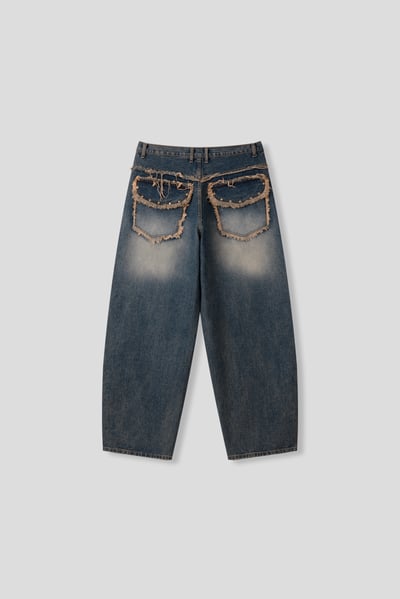 漸層水洗 鑲式卯釘 大口袋 牛仔寬褲 - 2C23