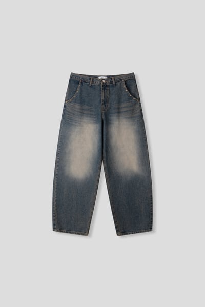 漸層水洗 鑲式卯釘 大口袋 牛仔寬褲 - 2C22