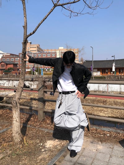 Peace 極簡主義 細條紋 工裝 牛仔寬褲 (set - up) - 2C19