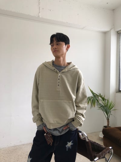 復古街頭 重磅 復古水洗 亨利領 帽T - 3C9