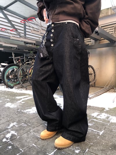 日系街頭 假鈕扣 原牛 寬褲 - 2C11