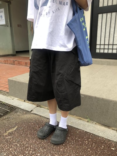 復古街頭 類尼龍 夏季清爽 斜口袋 工裝短褲 - 3C8