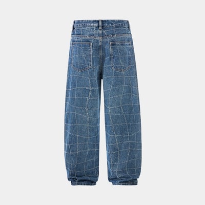 Baggy 牛津街頭 水波格紋 牛仔寬褲 - 1C22