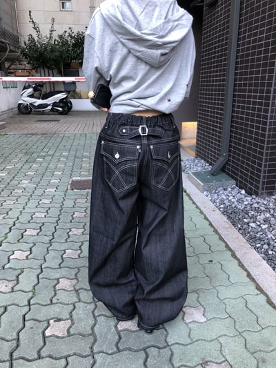 背影殺手 高檔縫線 鬆緊帶 寬版 牛仔長褲 - 3C13