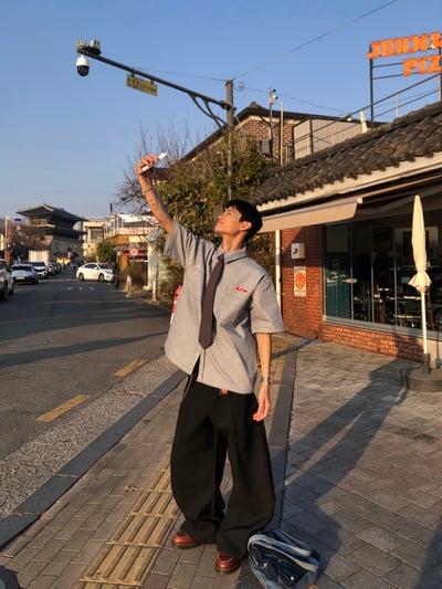 Peace 極簡主義 細條紋 短袖 牛仔襯衫 (set - up) - 2C11