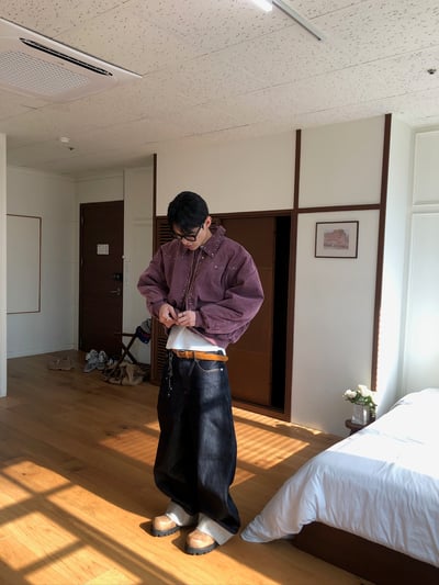 東京小夥 反折褲管 條紋結構 原牛寬褲 - 2C15