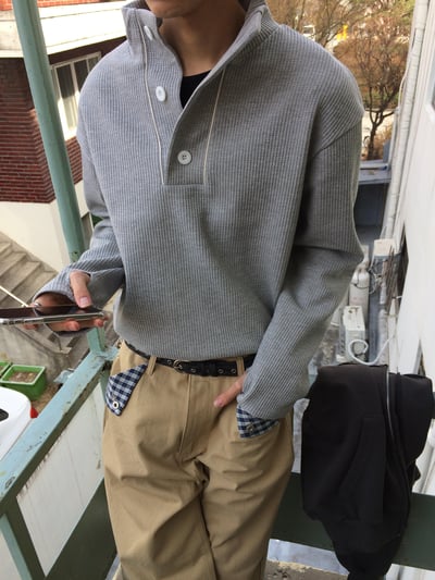 半高開V領 鈕扣 短版 華夫格 指套 薄長袖 - 3C16