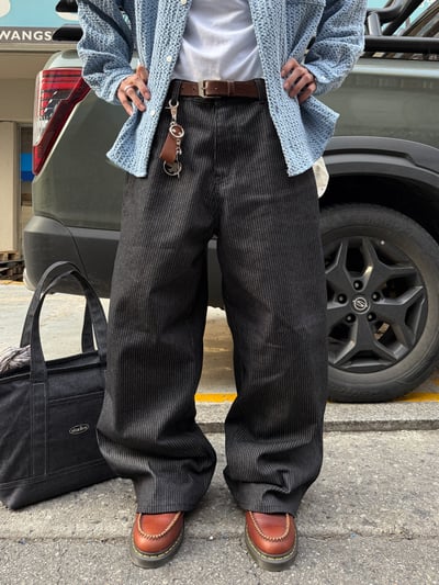 歐美街頭指標 高級補丁 工裝 牛仔條文寬褲 - 1C3