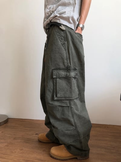日式工廠小哥 雙重工裝 復古水洗 寬褲 - 3C7