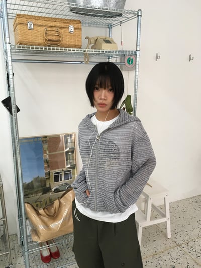 條紋針織 涼爽短版 夏季寬鬆 連帽外套 - 4C2