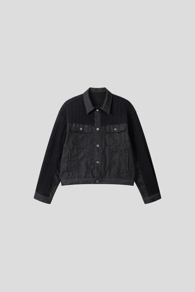 獨特肩部針織 牛仔 微短版 機車夾克 - 2C23