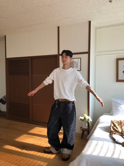 東京小夥 反折褲管 條紋結構 原牛寬褲 - 2C6